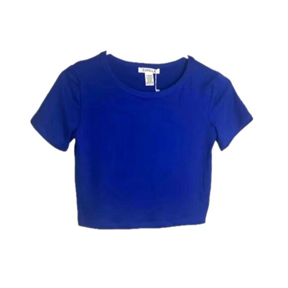 Women's Short Sleeve Roundneck Crop Top: Royal Blue - Picture 3 of 5